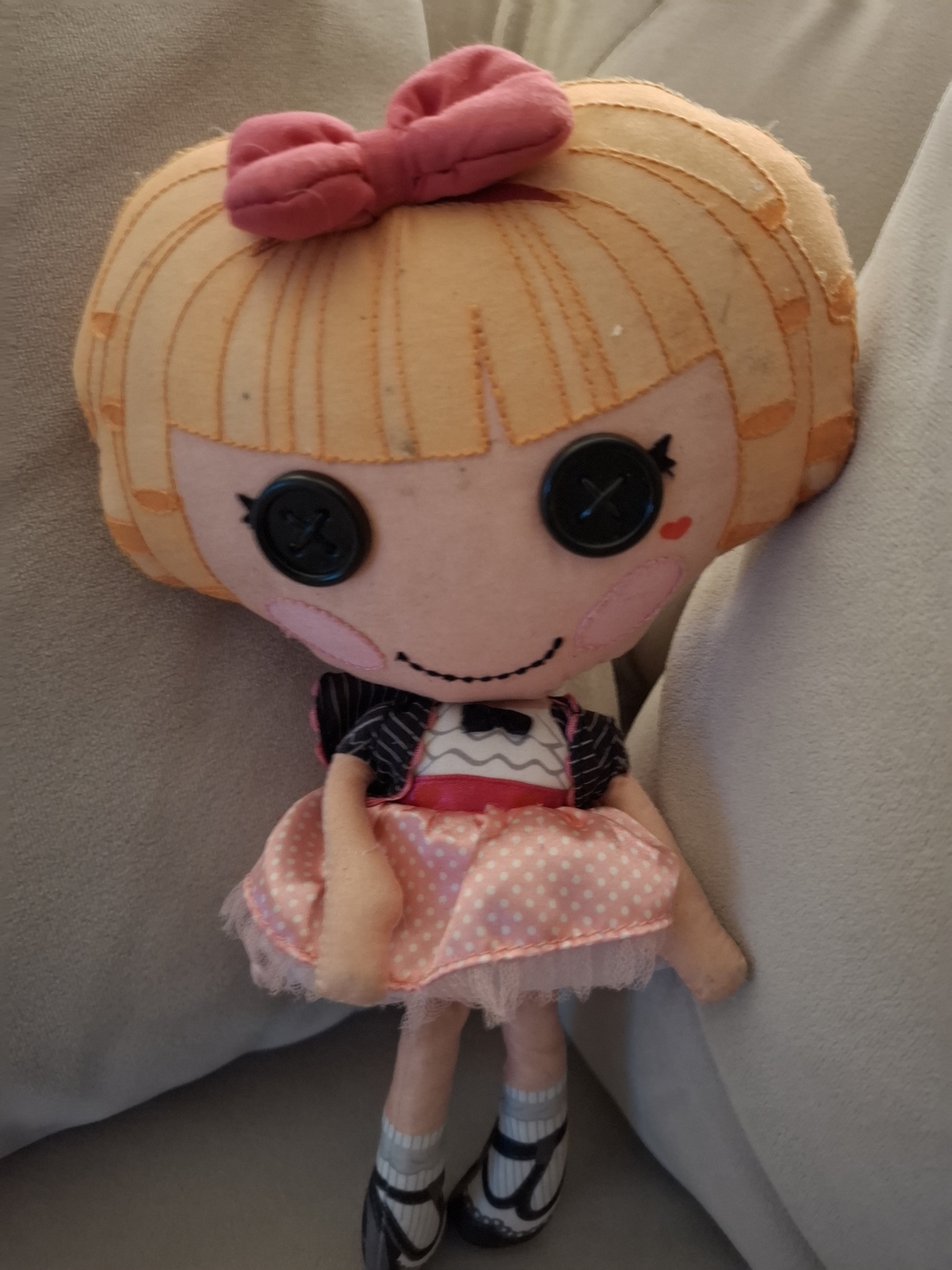 Pink Bow Blonde Button-Eye Plush Doll
